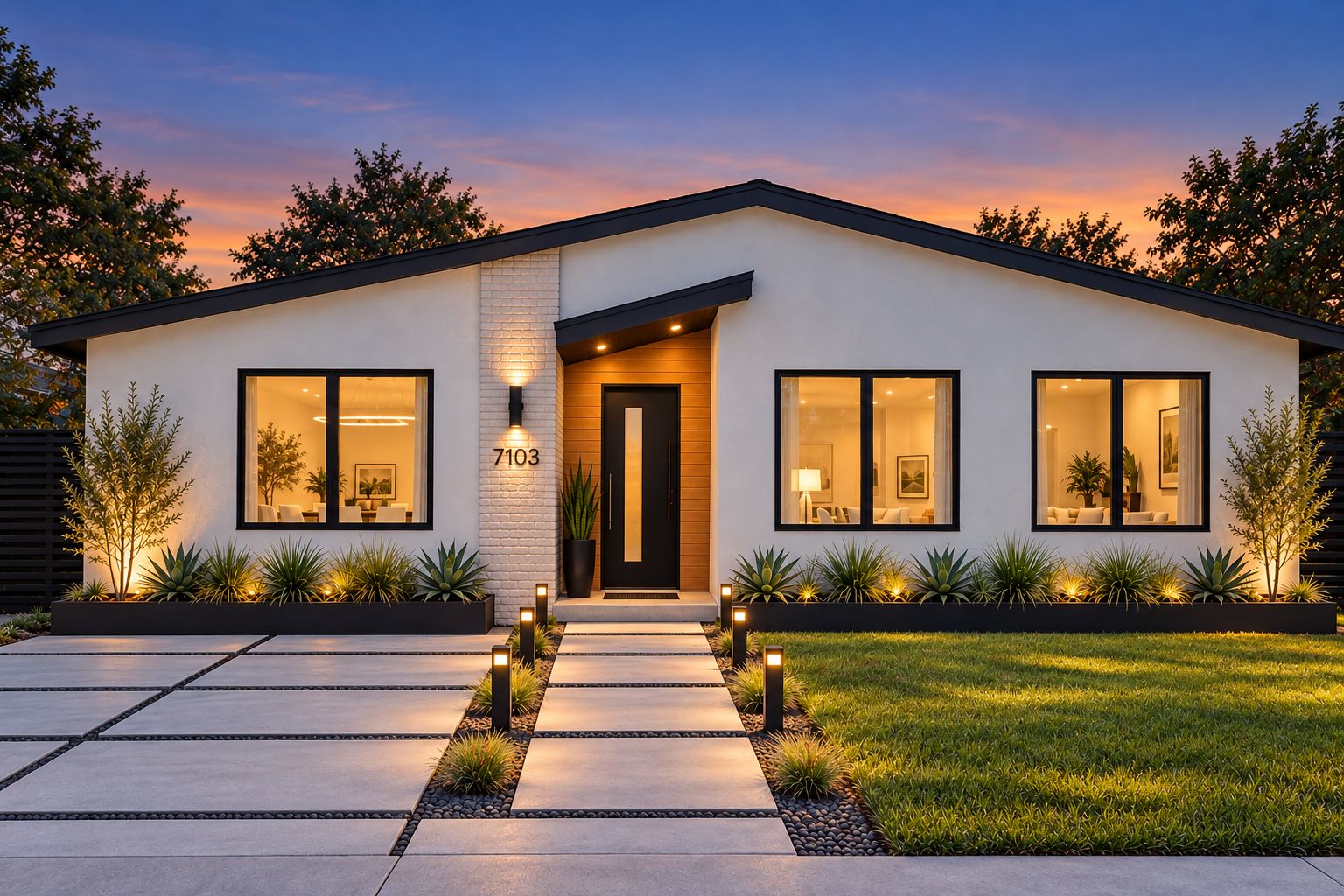 Rendering of 7103 Ryan Drive at dusk: a white stucco ranch with a brick entry column and wood-clad entry