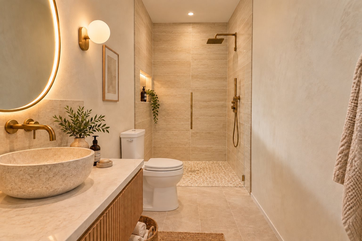 Hall bath with sand travertine
