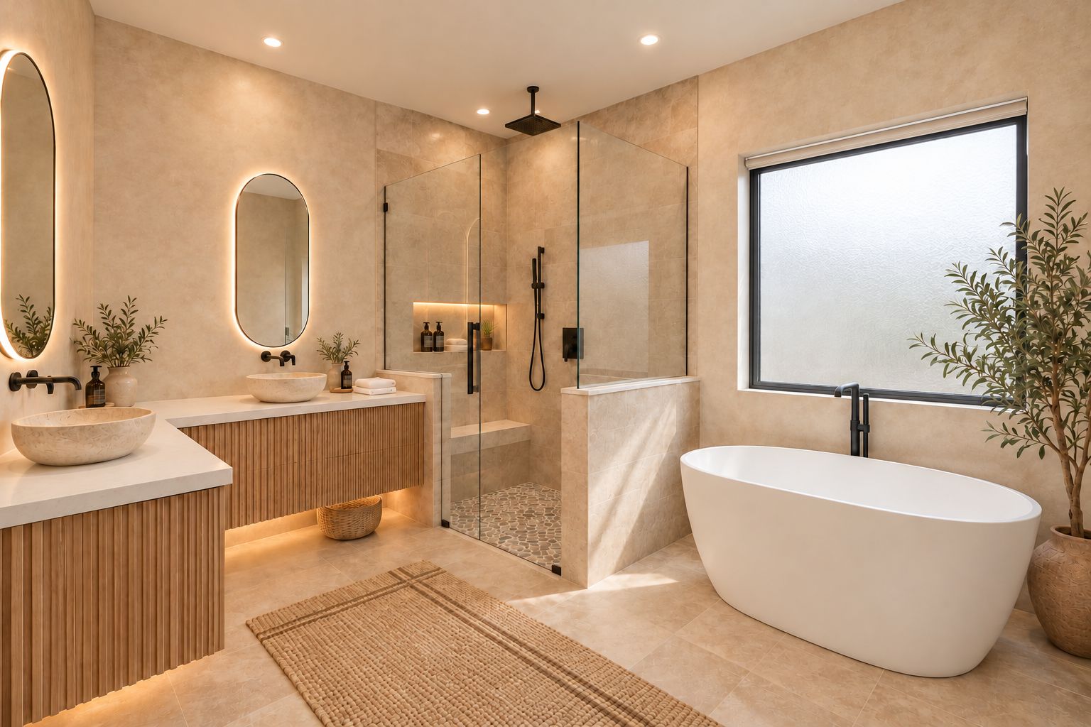 Primary bath with sand travertine